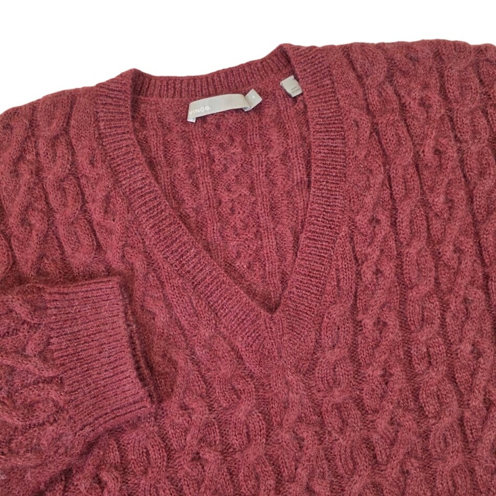 Vince Women's M Burgundy Cable Knit Mohair Alpaca V-Neck Sweater V532178045